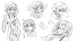  1girl anger_vein animal_ears apron bespectacled expressions frown glasses greyscale head_scarf japanese_clothes monochrome multiple_views mystia_lorelei nakai_(waitress) ogami_kazuki okamisty one_eye_closed short_hair sketch smile tasuki touhou translation_request tray wings 