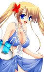  :d absurdres blonde_hair blue_eyes blue_sarong breasts cleavage colorized covered_nipples drink drinking_straw flower frills front-tie_top hibiscus highres large_breasts lizlett_l_chelsie matra_milan omamori_himari open_mouth sarong sarong_lift shiny shiny_skin smile solo third-party_edit tray twintails 