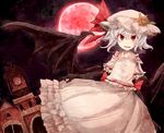  arms_behind_back bad_id bad_pixiv_id bat_wings black_gloves blue_hair clock clock_tower colored_eyelashes dress elbow_gloves fangs flower full_moon gloves hat hisona_(suaritesumi) moon night open_mouth pink_dress red_eyes red_moon remilia_scarlet scarlet_devil_mansion short_hair slit_pupils smirk solo touhou tower wings 