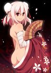  alternate_costume ass back bandages bare_back bare_shoulders bun_cover double_bun fan folding_fan from_behind ibaraki_kasen japanese_clothes kimono kotomuke_fuurin looking_at_viewer naked_kimono petals pink_hair red_eyes short_hair smile solo touhou undressing 