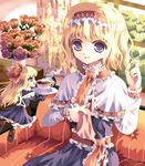  alice_margatroid blonde_hair blue_dress bow capelet couch cup dress flower flying hair_bow hairband hazakura_satsuki highres holding_needle needle open_mouth purple_eyes red_flower red_rose rose sash saucer sewing shanghai_doll sitting solo table teacup thread touhou vase window 