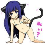  animal_ears arm_support barefoot bikini blue_hair cat_ears collarbone foreshortening full_body furude_rika groin higurashi_no_naku_koro_ni kasetsu kemonomimi_mode kneeling micro_bikini navel paw_pose purple_eyes simple_background smile solo swimsuit tail 