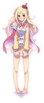  atelier_(series) atelier_meruru bad_id bad_pixiv_id bare_legs barefoot blonde_hair blue_eyes blush bow breasts cape cleavage crown flower full_body half_updo hamayumiba_sou long_hair medium_breasts merurulince_rede_arls mini_crown pigeon-toed red_bow simple_background skirt solo white_background yellow_skirt 
