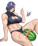  1girl airisubaka black_hair breasts elf-san_wa_yaserarenai. food fruit large_breasts muscle oga_(elf-san_wa_yaserarenai.) smile solo watermelon 