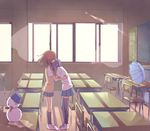  black_hair brown_hair classroom hug long_hair original seifuku snowman sou umbrella window yuri 