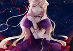  blonde_hair blue_eyes collar collarbone dress gloves hat kubikirisaikuru long_hair night night_sky open_mouth sky solo star_(sky) starry_sky touhou very_long_hair yakumo_yukari 