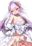  1girl absurdres bat_wings betoko blush breasts commentary cowgirl_position demon_girl demon_tail dress elbow_gloves eyebrows_visible_through_hair gloves hair_between_eyes harigane_shinshi highres horns long_hair looking_at_viewer nipples open_mouth original pointy_ears purple_hair red_eyes small_breasts solo straddling succubus tail thighhighs wedding_dress wings 