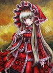  blonde_hair bonnet bow doll dress frills heart long_hair oil_painting_(medium) original red_eyes ribbon solo tafuto traditional_media very_long_hair 