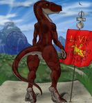  dinosaur dr_nowak female looking_back_at_viewer pussy roman_battle_standard scales scalie sickle_claws tail visigoth warrior 