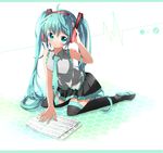  ahoge ao_ringo aqua_eyes aqua_hair blush hatsune_miku headphones kneeling long_hair necktie skirt solo thighhighs twintails vocaloid zettai_ryouiki 