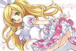  :d ass bad_id bad_pixiv_id blonde_hair boots braid breasts cure_rhythm dress frills green_eyes hair_ribbon happy heart impossible_clothes impossible_shirt long_hair magical_girl medium_breasts minamino_kanade open_mouth precure ribbon shirt smile solo suite_precure wrist_cuffs yukiwo 