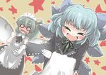  &gt;_&lt; :d alternate_costume apron blue_hair blush bow bowing butler cirno closed_eyes commentary_request daiyousei embarrassed enmaided fairy_wings female_butler formal gaoo_(frpjx283) gloves green_hair hair_bow large_bow maid maid_headdress multiple_girls o_o open_mouth ribbon short_hair side_ponytail smile star touhou towel wavy_mouth wings xd 