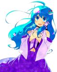  ahoge aqua_eyes aqua_hair blush detached_sleeves frog green_eyes green_hair hair_ornament hair_tubes hands_on_own_chest highres kochiya_sanae long_hair midriff navel skirt snake solo sw touhou 