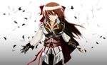  assassin's_creed_(series) assassin's_creed_ii bad_id bad_pixiv_id blade bow brown_hair cape cosplay crossover ezio_auditore_da_firenze ezio_auditore_da_firenze_(cosplay) feathers gloves hair_bow hakurei_reimu hidden_blade highres red_eyes solo tomon_(slash0410) touhou vambraces weapon 