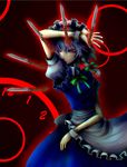  am24 bow braid hair_bow hair_ornament highres izayoi_sakuya knife maid maid_headdress one_eye_closed red_eyes slit_pupils solo touhou wrist_cuffs 