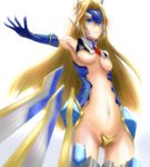  arc_system_works bare_shoulders blazblue blonde_hair blue_eyes breasts crotch_plate headdress long_hair mu-12 ryuusama solo underboob very_long_hair 