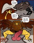  abstract_background addison_(frisky_ferals) angry animal_genitalia animal_penis avian balls beak bird blitzdrachin canid canine canine_penis canis comic devon_(frisky_ferals) dialogue eagle english_text erection knot mammal muscular nipples penis text thick_thighs what wolf 