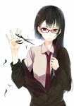  black_hair cardigan cutting_hair dress_shirt glasses hair_in_mouth long_hair mouth_hold necktie off_shoulder original rage_(rojiura) red-framed_eyewear school_uniform scissors severed_hair shirt simple_background solo white_background 