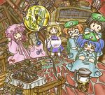  book bookshelf chair chalkboard chessboard dark_haired_kappa extra glasses_kappa inu_sakuya izayoi_sakuya kappa_mob kawashiro_nitori machine magic magic_circle moai moriya_suwako multiple_girls patchouli_knowledge piranha_plant shanghai_doll touhou two_side_up water_boiler ys_(ytoskyoku-57) 