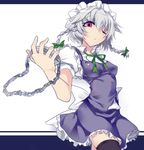  black_legwear braid chain hair_ribbon highres izayoi_sakuya kiyoichi_(acacia_soukyoukai) maid one_eye_closed red_eyes ribbon shirt silver_hair skirt skirt_set solo thighhighs touhou twin_braids zettai_ryouiki 