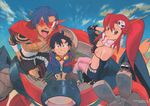  2boys bikini_top blue_hair boota cape goggles hair_ornament kamina kamina_shades lagann multiple_boys official_art ponytail red_hair scan scarf shirtless simon sushio tattoo tengen_toppa_gurren_lagann thighhighs tongue v yoko_littner 