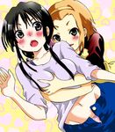  akira_(umihan) akiyama_mio black_eyes black_hair blush breast_grab breasts brown_eyes brown_hair face grabbing grabbing_from_behind hairband hug k-on! long_hair medium_breasts midriff multiple_girls panties shirt short_hair tainaka_ritsu underwear 