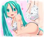  00s 1girl aqua_eyes aqua_hair ass blush bra breasts cleavage close-up hatsune_miku heart kazu-chan long_hair looking_at_viewer medium_breasts multiple_views open_mouth panties print_panties smile text_focus tied_hair translation_request twintails underwear vocaloid 