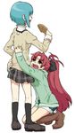  bad_id bad_pixiv_id begging blue_hair bow casual denim denim_shorts fang food hair_bow mahou_shoujo_madoka_magica miki_sayaka multiple_girls ponytail red_eyes red_hair sakura_kyouko school_uniform short_hair shorts taiyaki tears wagashi yamarisu_(ymrs) 