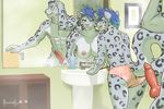  anthro awkward bathroom blue_eyes blue_hair blush breasts canine_penis claws feline female hair incest knot leopard male mammal meesh mirror nipples penis piercing sink snow_leopard tail tongue tongue_out towel underwear wet 
