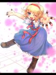  alice_margatroid blonde_hair blue_dress blue_eyes blush boots capelet dress hairband highres jewelry letterboxed one_eye_closed open_mouth outstretched_arms ring sankuma sash short_hair smile solo tile_floor tiles touhou 