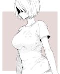  1girl arm_at_side black_blindfold blindfold breasts closed_mouth commentary_request greyscale medium_breasts mellow_rag monochrome nier_(series) nier_automata shirt short_hair short_sleeves solo white_hair white_shirt yorha_no._2_type_b 