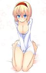  alice_margatroid barefoot between_legs between_thighs blonde_hair blue_eyes blush bottomless breast_squeeze breasts cleavage covering covering_crotch dress_shirt frown hairband hand_between_legs medium_breasts naked_shirt no_bra shirt short_hair sitting solo star touhou uro v_arms wariza 