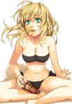  aqua_eyes arm_support bad_id bad_pixiv_id bags_under_eyes bandeau barefoot bikini black_bikini blonde_hair breasts chips cleavage face food indian_style lips lipstick long_hair makeup medium_breasts mouth_hold mustard_seeds navel original potato_chips pringle_duck pringles product_placement side-tie_bikini sitting solo swimsuit yuuji_(and) 