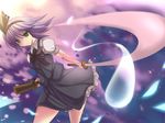  bad_id bad_pixiv_id ghost green_eyes hair_ribbon hairband highres katana konpaku_youmu konpaku_youmu_(ghost) marionette_(excle) petals purple_hair ribbon shirt short_hair skirt skirt_set slashing solo sword touhou weapon 