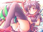  :o ass asymmetrical_wings blush bow dressing fat_mons highres houjuu_nue kibushi lying on_back open_mouth panties purple_hair purple_legwear purple_skirt red_eyes red_footwear shoes skirt snake solo star striped striped_panties thighhighs thighhighs_pull touhou underwear upskirt wings wristband 