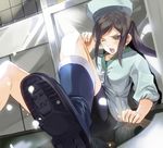  black_hair boots brown_eyes chef_hat flat_top_chef_hat hanasaku_iroha hat kabocha_(monkey4) one_eye_closed open_mouth sitting solo tsurugi_minko 