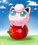  apple big_eyes cloud clouds cute cyan_eyes ears fruit hair_tuft jigglypuff looking_up nintendo nono103 outside pok&#233;mon pok&eacute;mon sitting sky solo video_games 