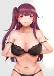  1girl arms_behind_back bangs bare_shoulders black_bra black_panties blush bra braid breasts cleavage collarbone eyebrows_visible_through_hair french_braid girls_frontline groin hair_ribbon highres large_breasts long_hair looking_at_viewer navel one_side_up panties purple_hair red_eyes red_ribbon ribbon simple_background solo stomach strap_slip sweatdrop underwear untying_bra very_long_hair wa2000_(girls_frontline) wenhe 