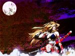  blonde_hair blood breasts full_moon grin hair_over_one_eye katana large_breasts lb long_hair moon original red_eyes sideboob smile solo sword weapon 