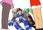  4girls ass cling hein multiple_girls nervous pantyhose red_shorts rock_volnutt rockman rockman_dash roll_caskett sera_(rockman_dash) shorts smile sweat thighhighs tron_bonne yuna_(rockman_dash) 