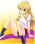  ahoge blonde_hair buruma green_eyes gym_uniform hoshii_miki idolmaster idolmaster_(classic) long_hair solo tanuki_yousuke very_long_hair 