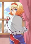  :3 alice_margatroid bespectacled blonde_hair book capelet curtains face from_behind glasses gradient_hair hairband hane_(hanegoya) looking_at_viewer looking_back multicolored_hair short_hair smile solo touhou window 