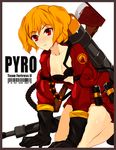  axe bad_id bad_pixiv_id blonde_hair blush bra breasts cleavage collarbone explosive fire_axe flamethrower gloves grenade kakaaru kneeling open_clothes short_hair small_breasts solo team_fortress_2 the_pyro underwear weapon 