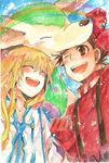  1girl :d blonde_hair brown_eyes brown_hair chewing closed_eyes collet_brunel colored_pencil_(medium) gloves haru_mikoto lloyd_irving long_hair millipen_(medium) noishe open_mouth red_shirt shirt smile tales_of_(series) tales_of_symphonia traditional_media watercolor_(medium) wince 