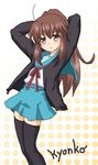  arms_up brown_eyes brown_hair cardigan genderswap genderswap_(mtf) hayashiya_zankurou kita_high_school_uniform kyonko long_hair ponytail school_uniform serafuku solo suzumiya_haruhi_no_yuuutsu thighhighs zettai_ryouiki 