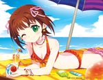 ;) amami_haruka arm_support ass ball bangle bangs bare_shoulders beach beach_towel beach_umbrella beachball bendy_straw bikini blue_sky blush bottle bow bracelet breasts brown_hair choker cleavage cloud cocktail cocktail_umbrella collarbone comiccho company_connection day drink drinking_straw earrings frilled_bikini frills front-tie_bikini front-tie_top green_eyes hair_bow hair_ribbon horizon idolmaster idolmaster_(classic) jewelry looking_at_viewer lotion_bottle lying medium_breasts namco necklace ocean on_stomach one_eye_closed orange_bikini outdoors parasol pink_bow pink_ribbon red_bikini ribbon short_hair sky smile solo star star_earrings sunlight swimsuit taiko_no_tatsujin towel tropical_drink umbrella wada_don water 