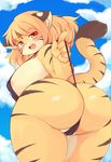  big_breasts bikini breasts butt camel_toe chubby clothed clothing feline female huge_breasts looking_at_viewer looking_back looking_over_shoulder mammal mcdonnell-douglas red_eyes skimpy solo swimsuit teasing tiger 