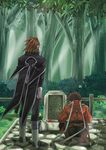  boots brown_hair bush fingerless_gloves flower forest from_behind gloves grass knee_boots kratos_aurion lloyd_irving male_focus multiple_boys nature red_hair red_shirt saklo sheath sheathed shirt tales_of_(series) tales_of_symphonia tombstone tree 