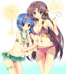  2girls armband bikini bikini_skirt black_hair blue_hair blush breasts brown_eyes cleavage frilled_bikini frills front-tie_top hair_ribbon hairband highres imo_mushi kurugaya_yuiko little_busters! long_hair medium_breasts multiple_girls navel nishizono_mio polka_dot polka_dot_bikini polka_dot_swimsuit print_sarong purple_eyes ribbon sarong see-through short_hair shorts side-tie_bikini swimsuit thigh_gap translucent_sarong 