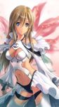  blue_eyes breasts brown_hair cleavage fingerless_gloves gloves long_hair medium_breasts navel open_mouth original pinakes solo thighhighs white_legwear 